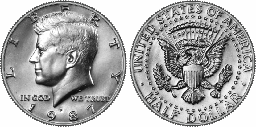 Comparison of typical 1987-P Kennedy half dollar versus a gem MS67-MS68 example showing surface quality difference