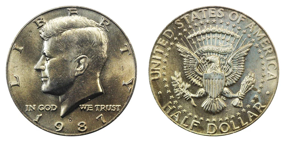 1987 Kennedy half dollar doubled die obverse error showing doubling on portrait and lettering